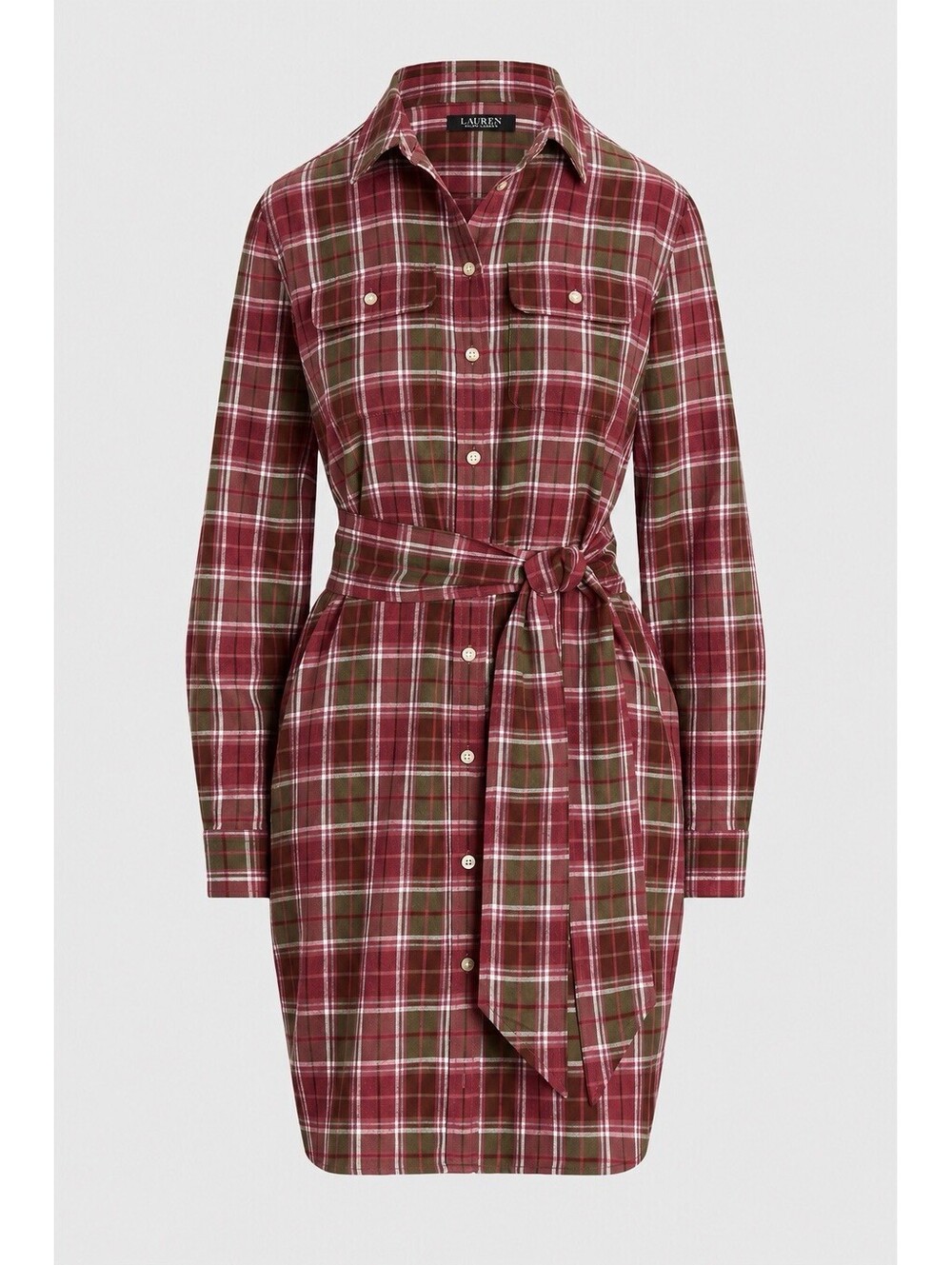 Lauren Ralph Lauren Plaid Belted Cotton Shirtdress Women’s Size 12 Burgundy NWT